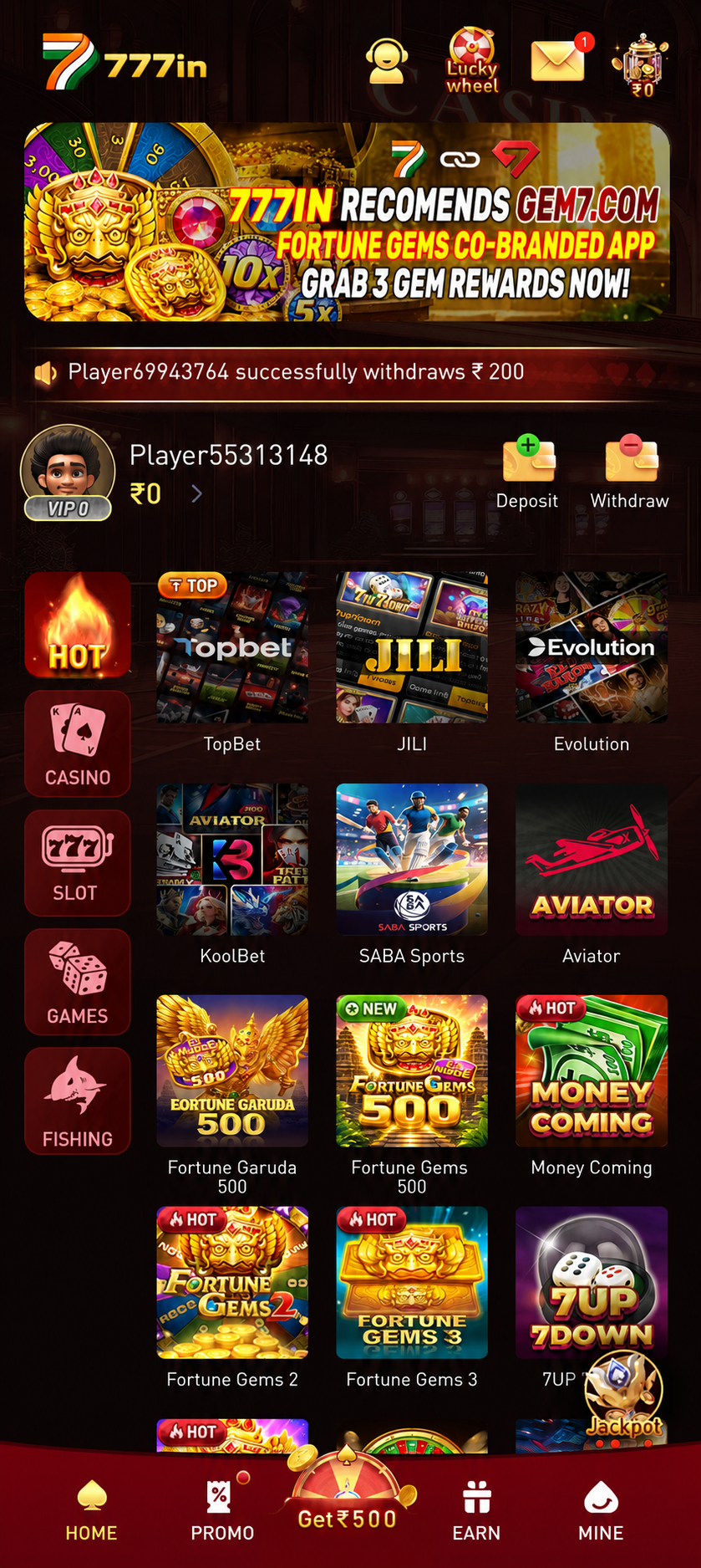 777in casino app home screen preview